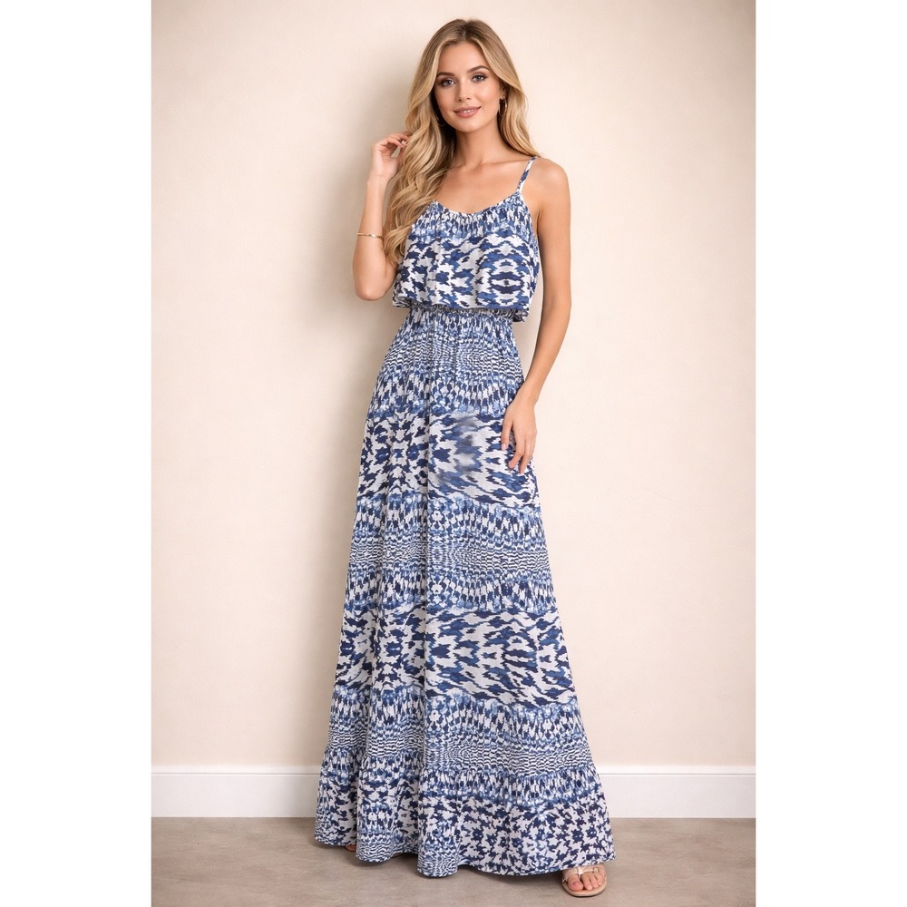 Moon Collection Blue and White Printed Maxi Dress